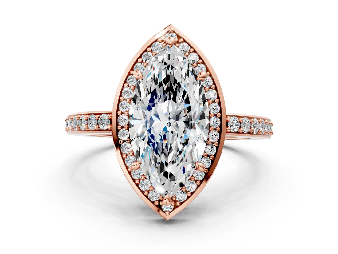 Rose gold Marquise Halo Pave Band Solitaire Ring with Prong Setting_67