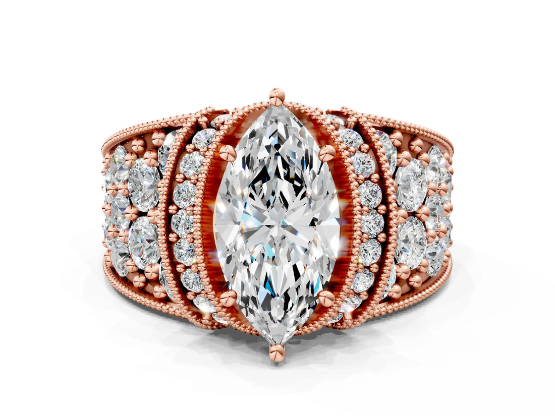 Rose gold Marquise Halo Pave Diamond Engagement Ring with Milgrain Detailing_49