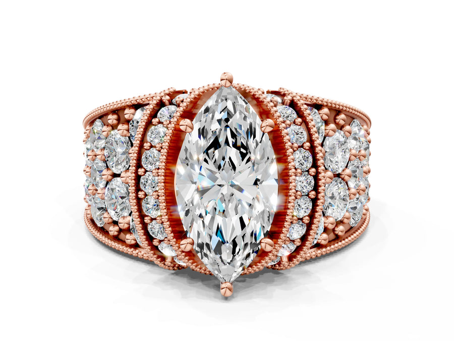 Rose gold Marquise Halo Pave Diamond Engagement Ring with Milgrain Detailing