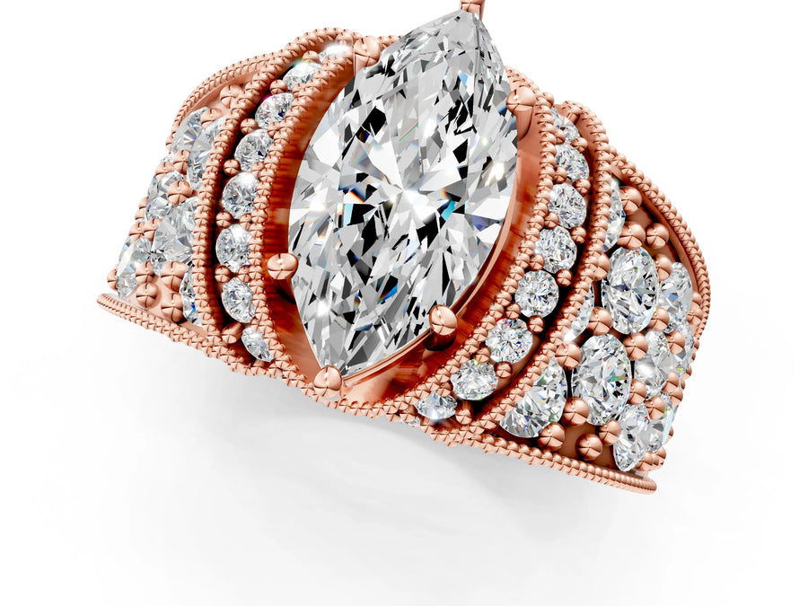 Rose gold Marquise Halo Pave Diamond Engagement Ring with Milgrain Detailing