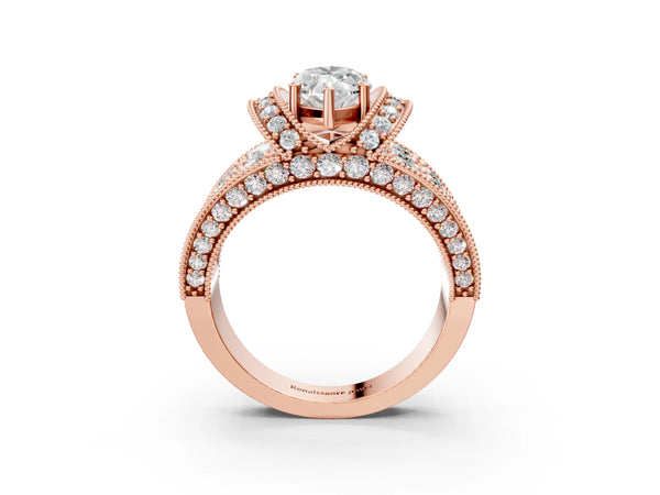 Rose gold Marquise Halo Pave Diamond Engagement Ring with Milgrain Detailing
