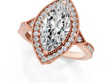 Rose gold Marquise Halo Round Diamond Milgrain Pave Engagement Ring_10