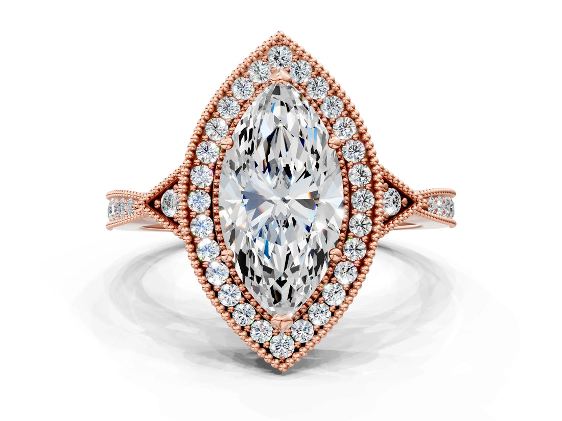 Rose gold Marquise Halo Round Diamond Milgrain Pave Engagement Ring_9