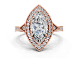 Rose gold Marquise Halo Round Diamond Milgrain Pave Engagement Ring_9