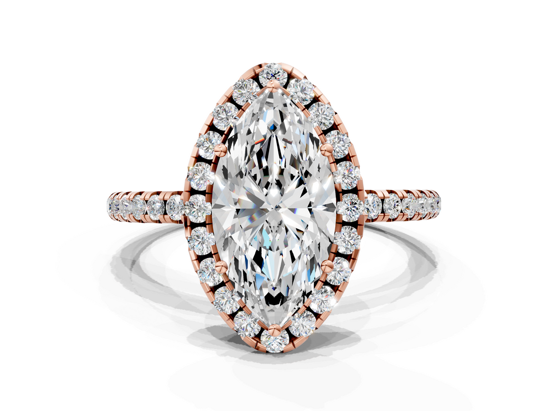 Rose gold Marquise Halo Round Diamond Pavé Band Four-Prong Ring_3
