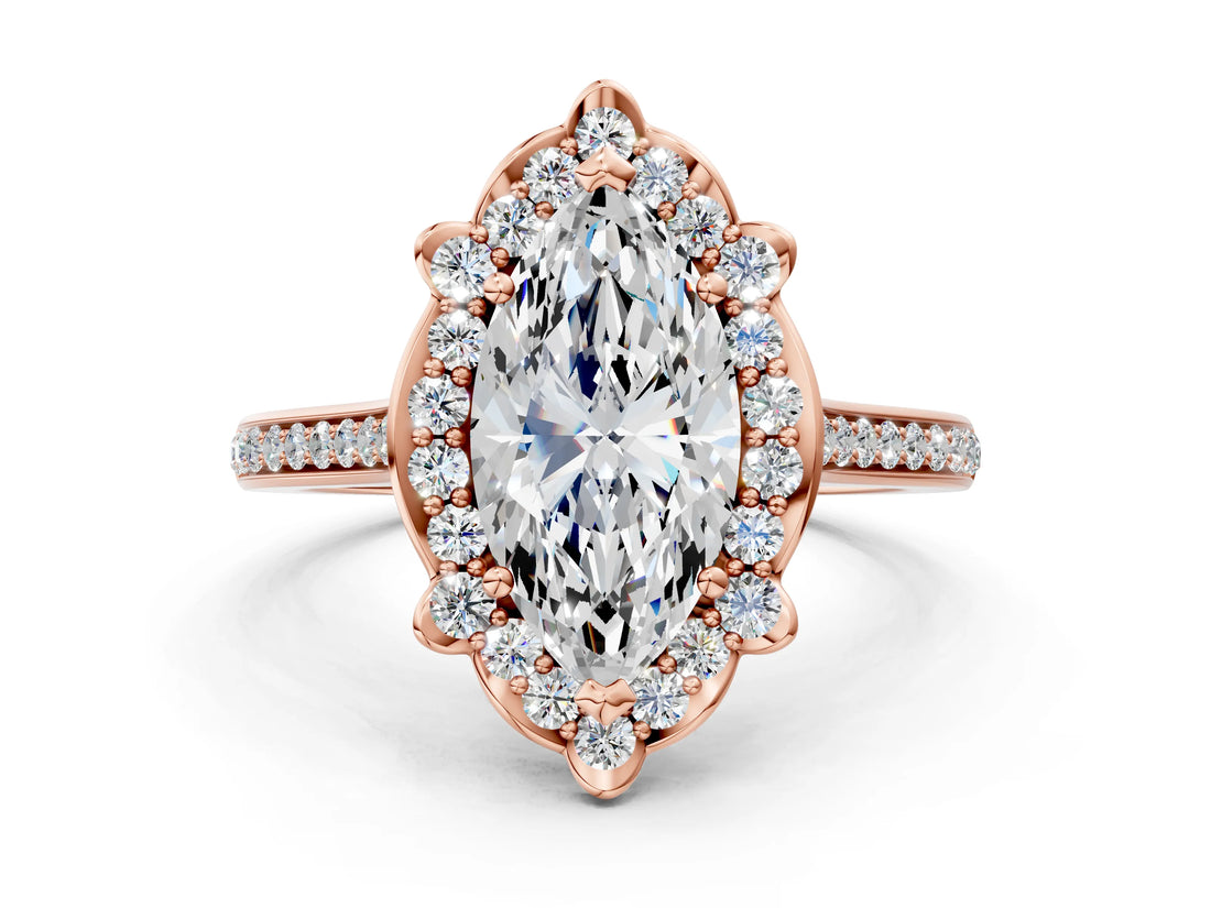 Rose gold Marquise Halo Round Diamond Pave Band with Four-Prong Setting_38