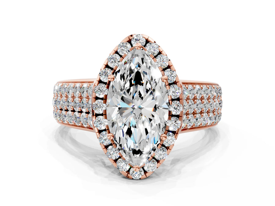 Rose gold Marquise Halo Round Diamond Pave Band with Prong Setting