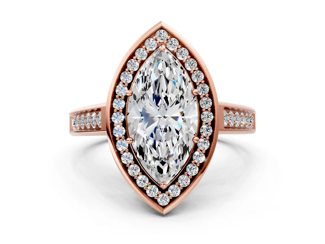 Rose gold Marquise Halo Solitaire Diamond Ring with Pave Band and Bezel Setting_49