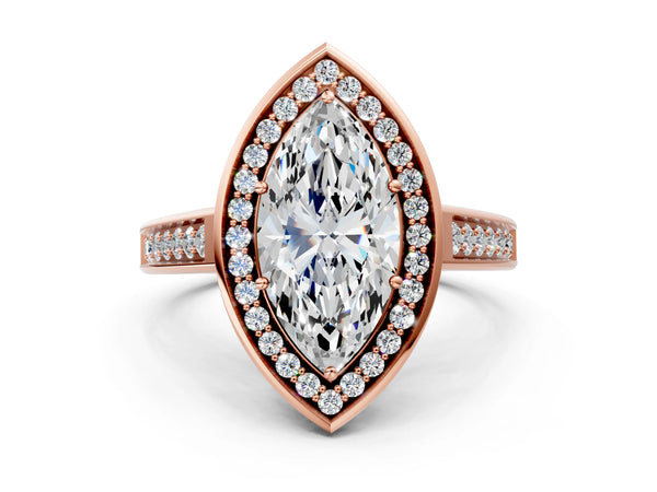 Rose gold Marquise Halo Solitaire Diamond Ring with Pave Band and Bezel Setting