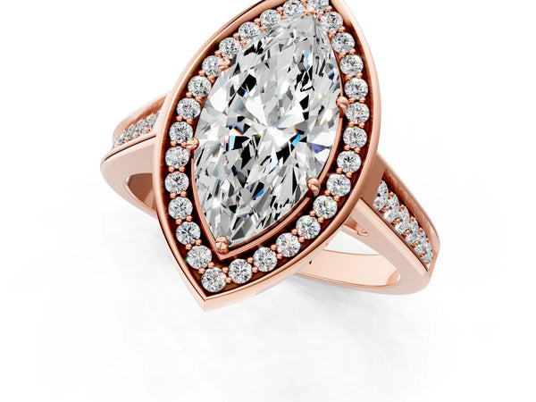 Rose gold Marquise Halo Solitaire Diamond Ring with Pave Band and Bezel Setting