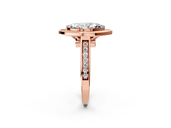 Rose gold Marquise Halo Solitaire Diamond Ring with Pave Band and Bezel Setting