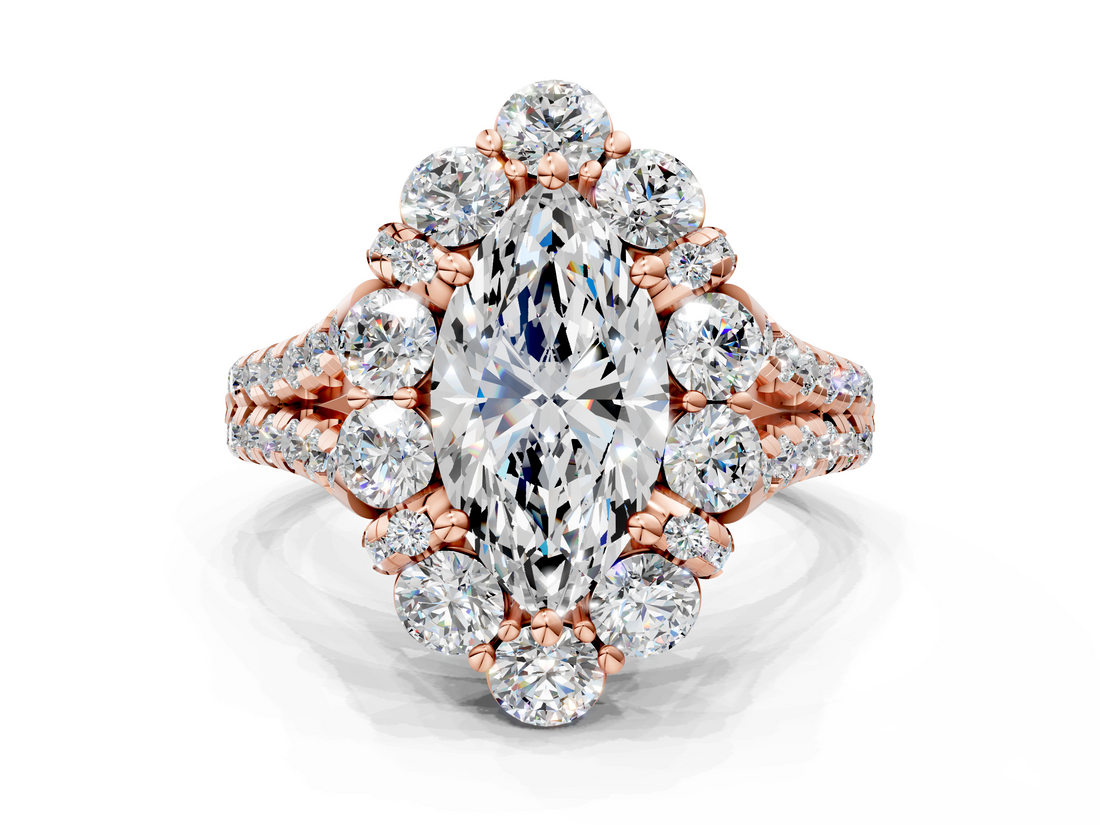 Rose gold Marquise Halo Split Shank Diamond Engagement Ring with Pave Band and Four-Prong Setting_52