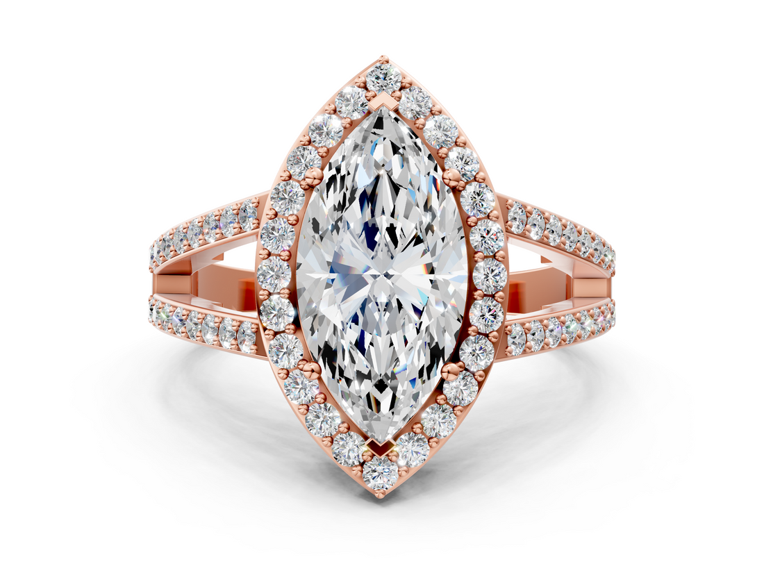 Rose gold Marquise Halo Split Shank Diamond Ring with Four-Prong Setting_36