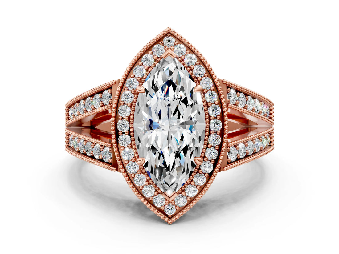 Rose gold Marquise Halo Split Shank Diamond Ring with Milgrain Prong Setting_6