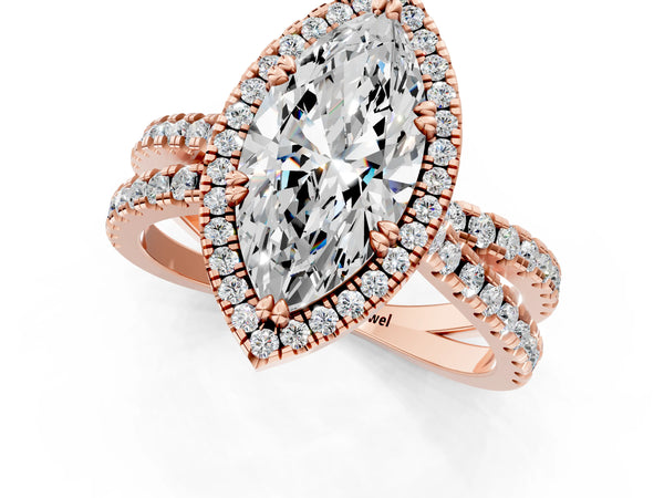 Rose gold Marquise Halo Split Shank Diamond Ring with Pavé Setting