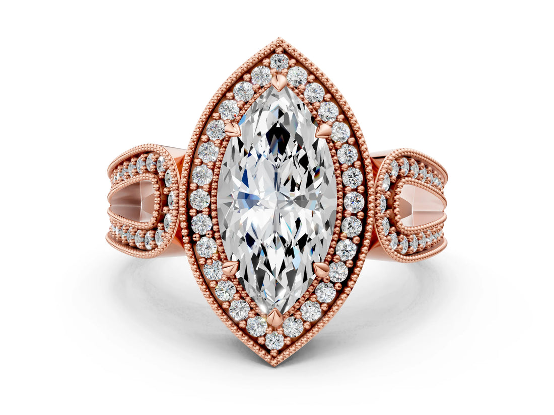 Rose gold Marquise Halo Split Shank Milgrain Diamond Ring_18