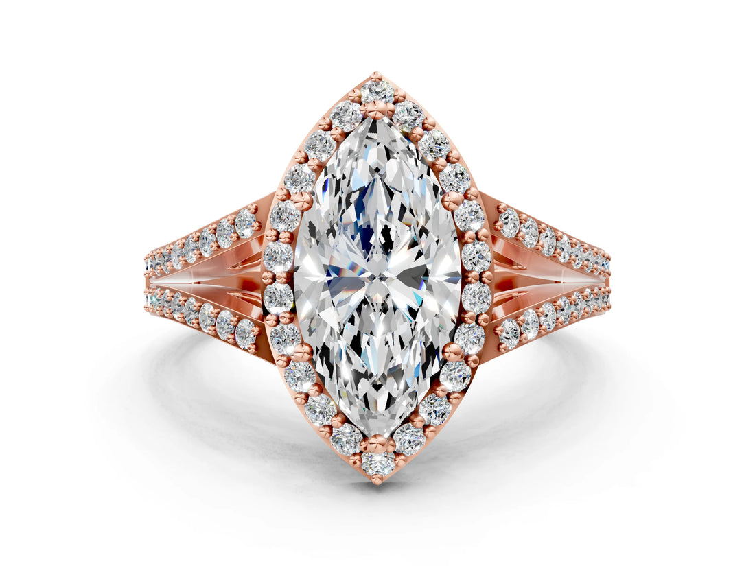 Rose gold Marquise Halo Split Shank Pave Diamond Ring with Four-Prong Setting_45
