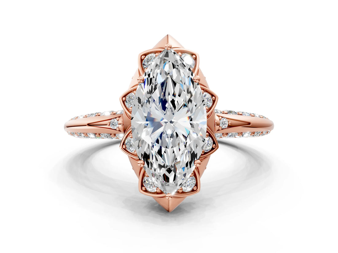 Rose gold Marquise Halo Split Shank Pave Diamond Ring with Petal Prong Setting_20