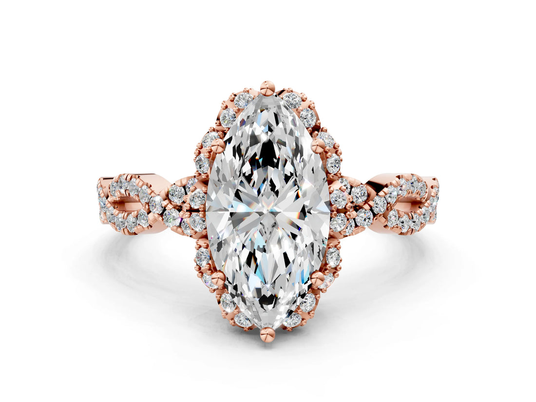 Rose gold Marquise Halo Twist Band Solitaire Ring with Six-Prong Setting_32
