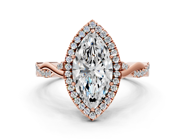 Rose gold Marquise Halo Twist Band Solitaire Ring