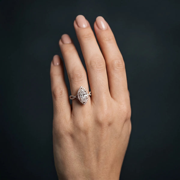 Rose gold Marquise Halo Twist Band with Four-Prong Setting
