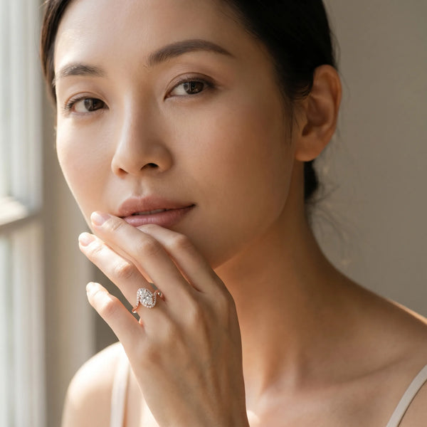 Rose gold Marquise Halo Twist Band with Four-Prong Setting