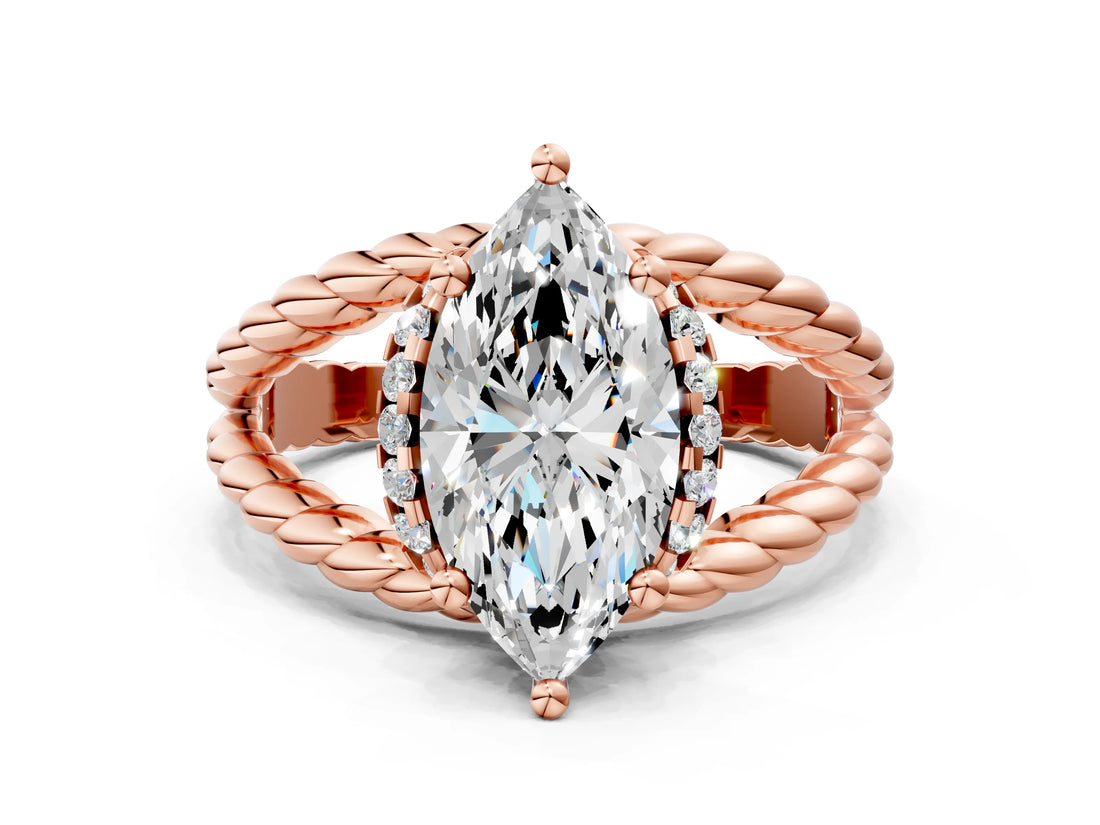 Rose gold Marquise Halo Twisted Band Four-Prong Ring_38