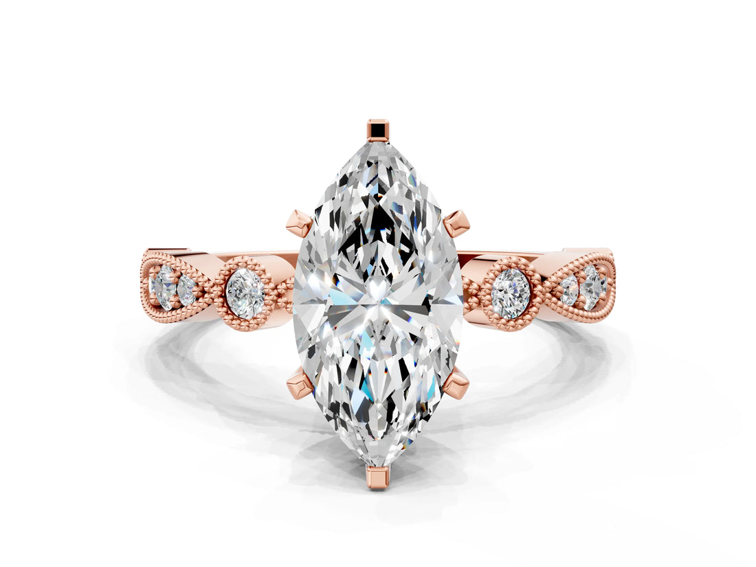 Rose gold Marquise Milgrain Bezel Diamond Engagement Ring with Solitaire Prong Setting_192