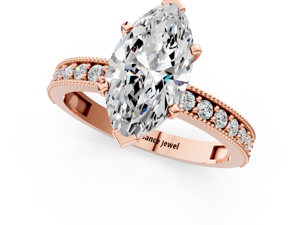 Rose Gold Marquise Milgrain Pave Solitaire Engagement Ring Setting with Vintage Edge Band