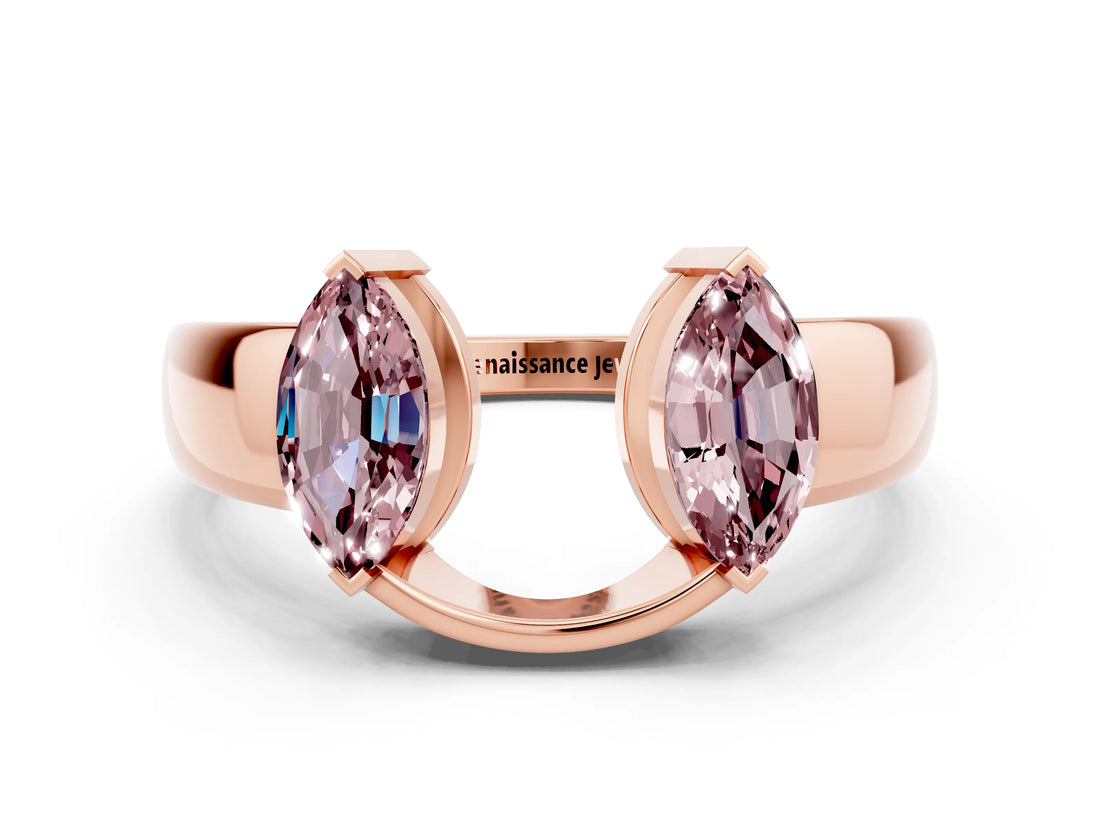 Rose gold Marquise Morganite Open Band Ring with Tension Setting_6