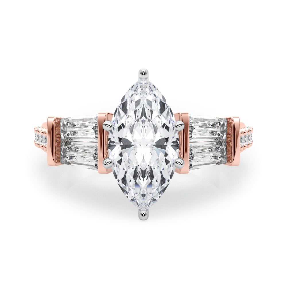 Rose gold Marquise Solitaire Baguette Side Stone Channel Set Engagement Ring 1