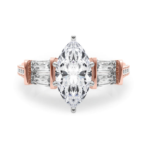 Rose gold Marquise Solitaire Baguette Side Stone Channel Set Engagement Ring 1