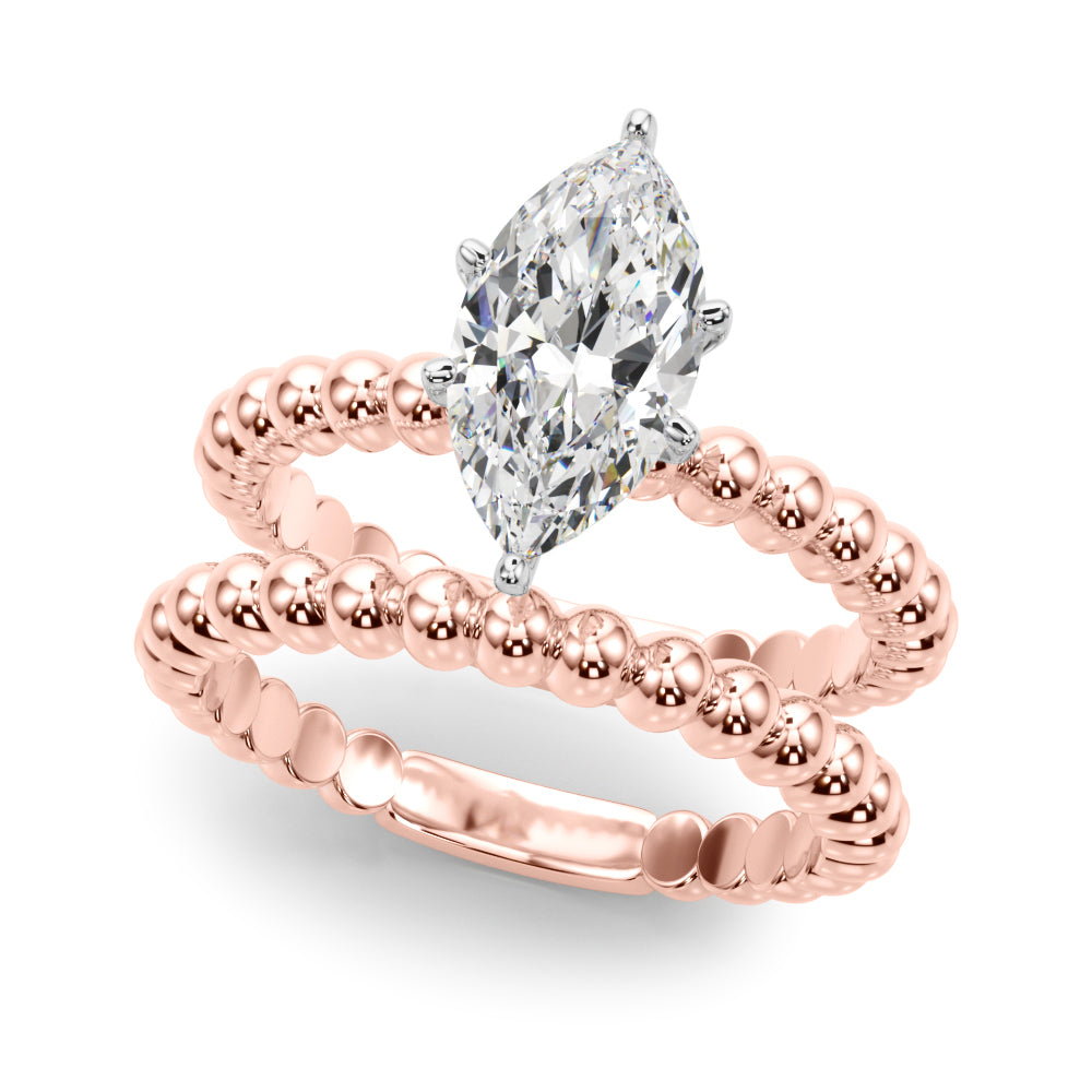 Rose gold Marquise Solitaire Beaded Band Prong Setting Ring 1