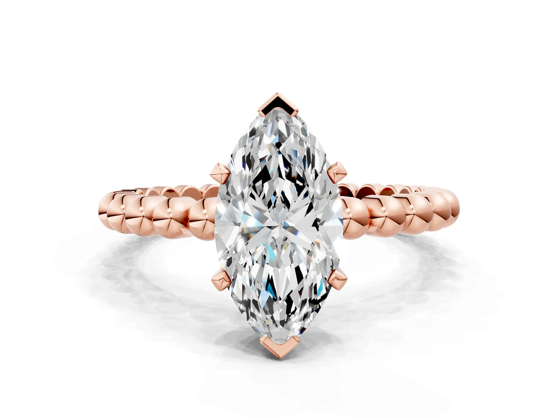 Rose gold Marquise Solitaire Beaded Band Prong Setting Ring