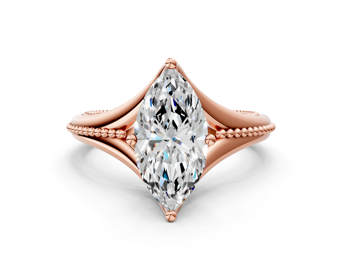 Rose gold Marquise Solitaire Beaded Band Six-Prong Setting_8
