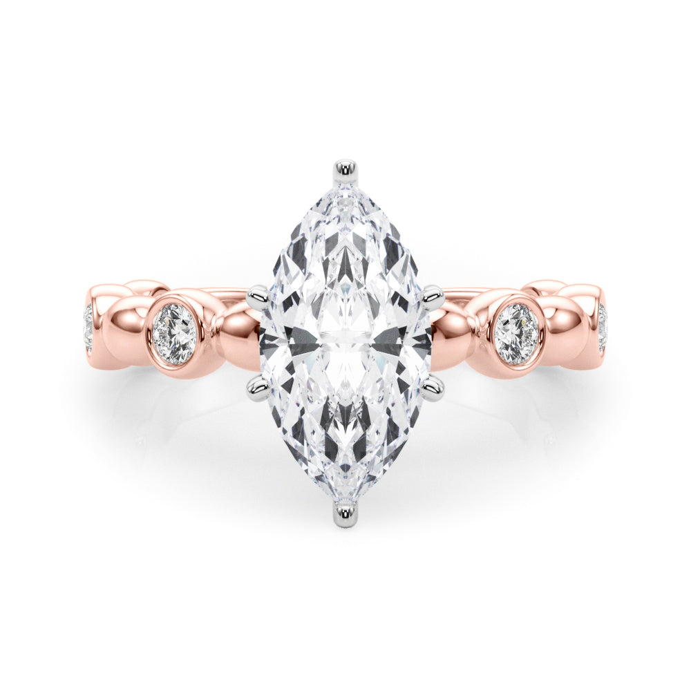 Rose gold Marquise Solitaire Bezel-Set Diamond Ring with Beaded Band and Four-Prong Setting 1
