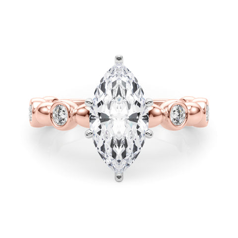 Rose gold Marquise Solitaire Bezel-Set Diamond Ring with Beaded Band and Four-Prong Setting 1