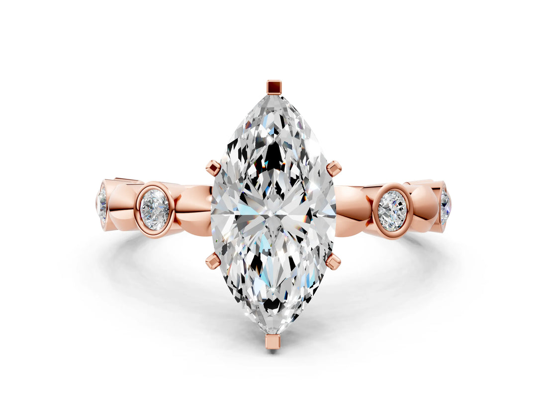 Rose gold Marquise Solitaire Bezel-Set Diamond Ring with Beaded Band and Four-Prong Setting_55