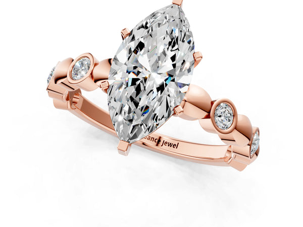 Rose gold Marquise Solitaire Bezel-Set Diamond Ring with Beaded Band and Four-Prong Setting