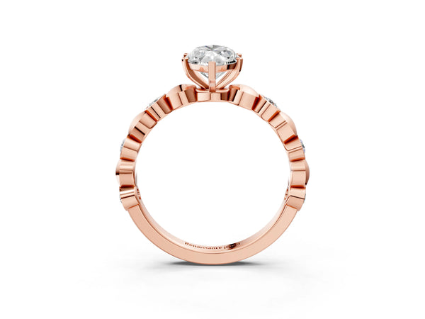 Rose gold Marquise Solitaire Bezel-Set Diamond Ring with Beaded Band and Four-Prong Setting