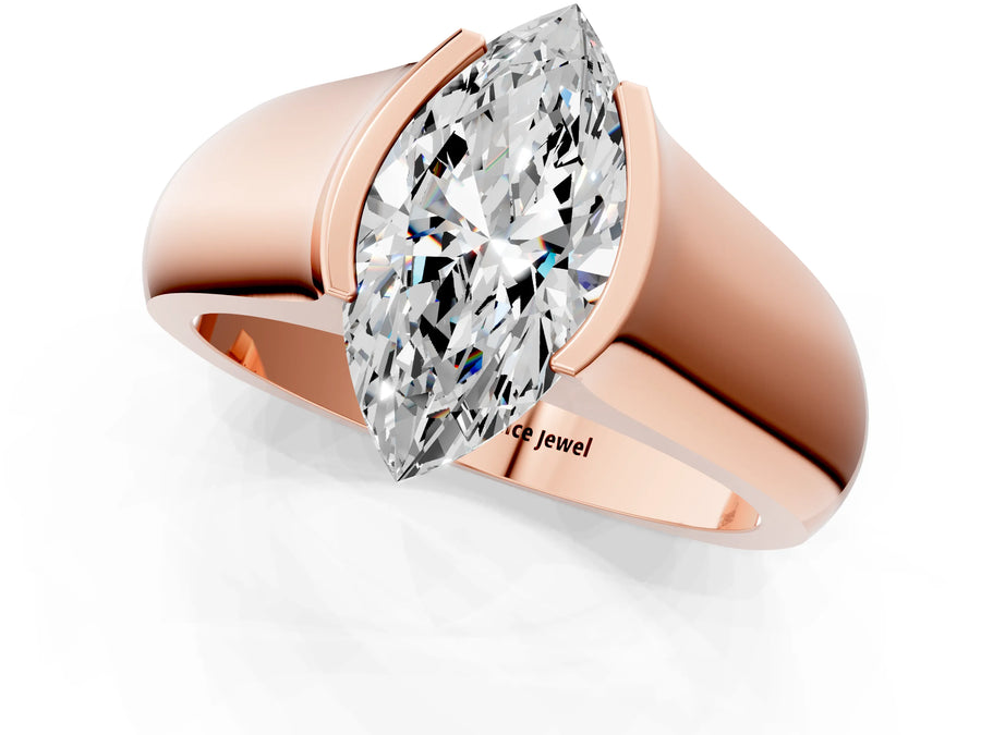 Rose gold Marquise Solitaire Bezel Set Diamond Ring with Wide Band