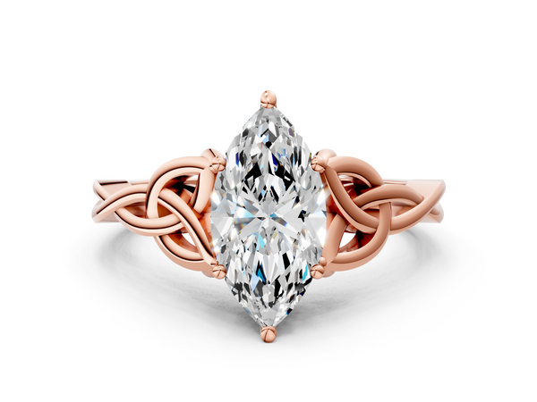 Rose gold Marquise Cut Diamond Solitaire Engagement Ring with Celtic Knot Band and Four-Prong Setting