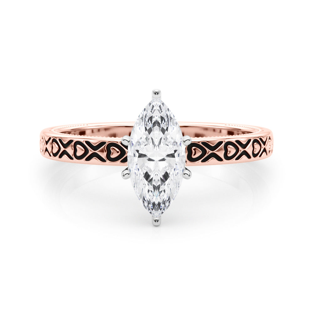 Rose gold Marquise Solitaire Diamond Engagement Ring with XO Engraved Band and Four-Prong Setting 1