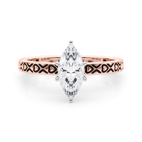 Rose gold Marquise Solitaire Diamond Engagement Ring with XO Engraved Band and Four-Prong Setting 1