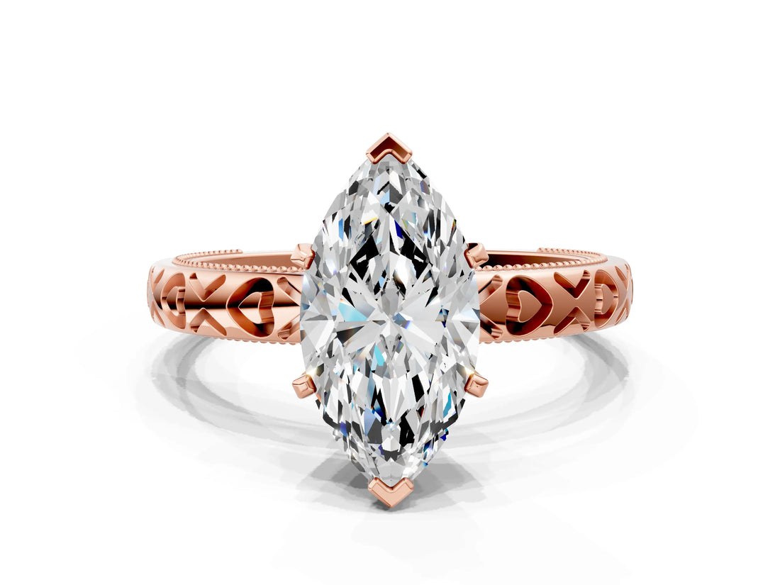Rose gold Marquise Solitaire Diamond Engagement Ring with XO Engraved Band and Four-Prong Setting