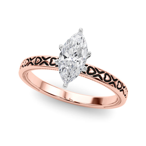 Rose gold Marquise Solitaire Diamond Engagement Ring with XO Engraved Band and Four-Prong Setting