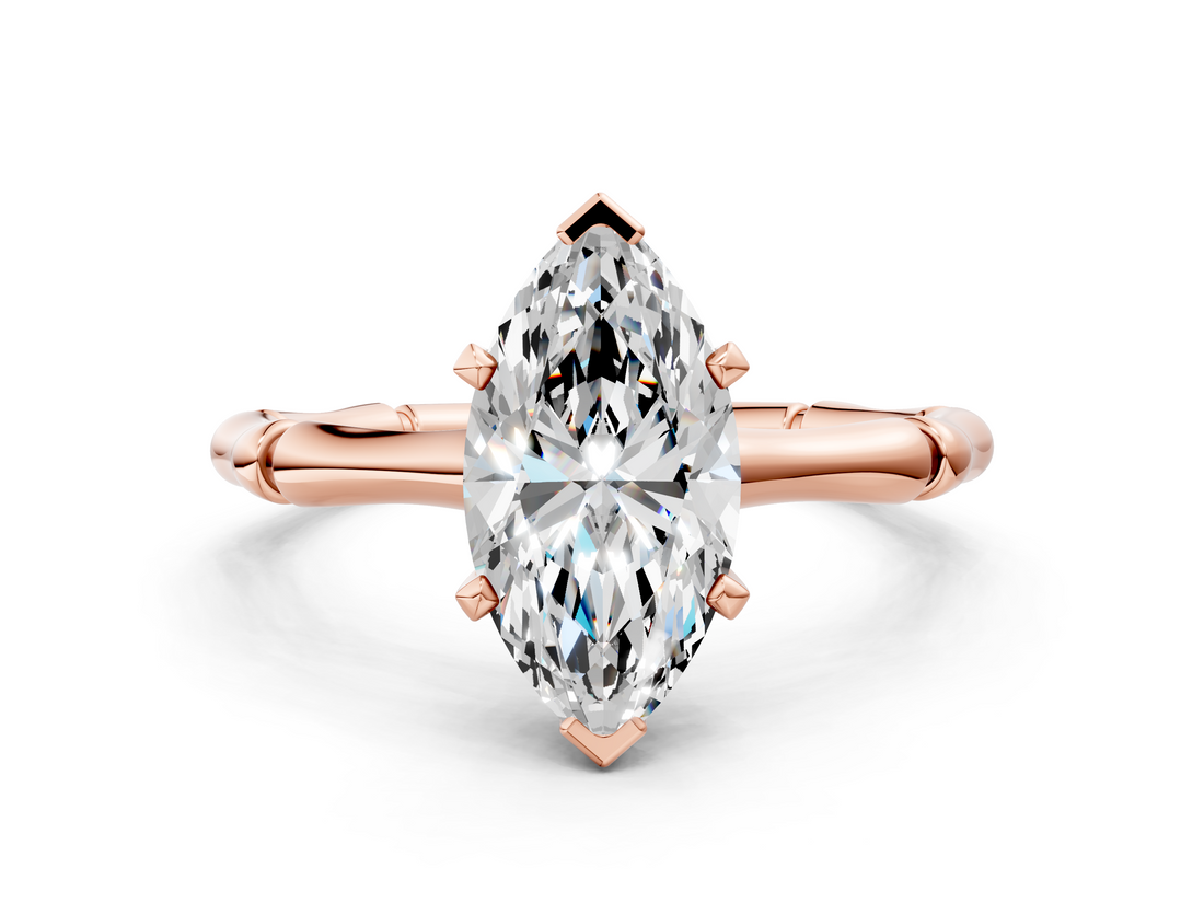 Rose gold Marquise Solitaire Diamond Ring with Bamboo Band and Four-Prong Setting_40