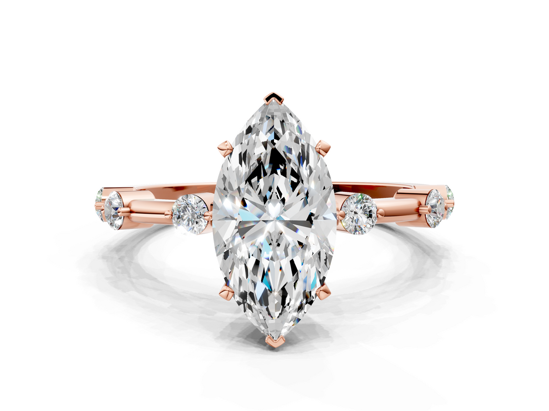 Rose gold Marquise Solitaire Diamond Ring with Bezel Set Side Stones and Prong Setting_26
