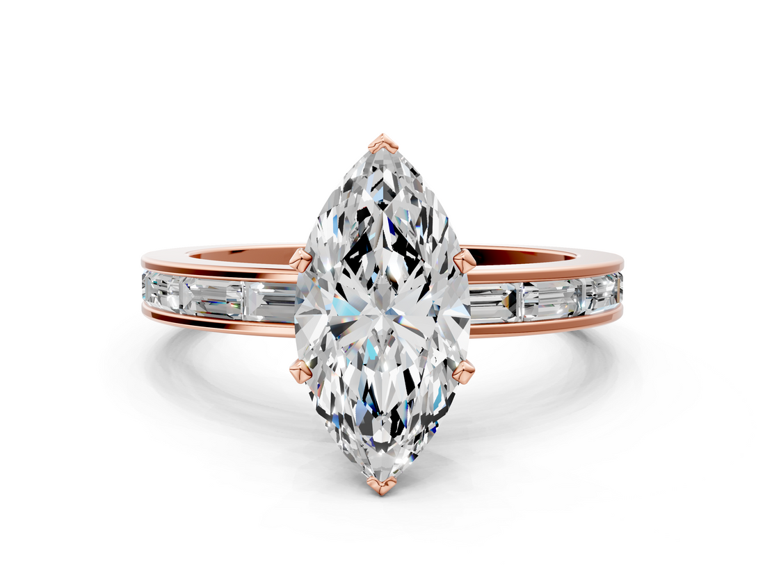 Rose gold Marquise Solitaire Diamond Ring with Channel-Set Baguette Band and Four-Prong Setting_114
