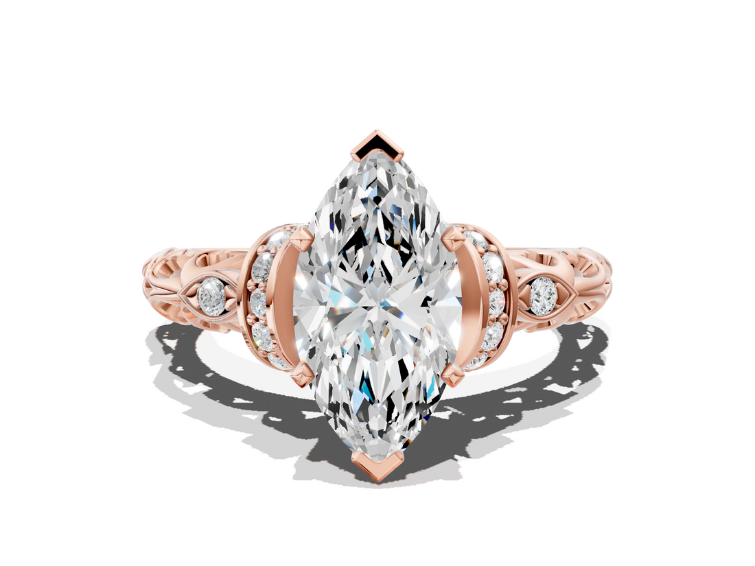 Rose gold Marquise Solitaire Diamond Ring with Filigree Band and Four-Prong Setting_79